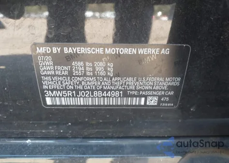 2020 BMW 330I from USA, damaged, VIN 3MW5R1J02L8B44981